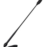 Black leather whip with a long handle on a white background