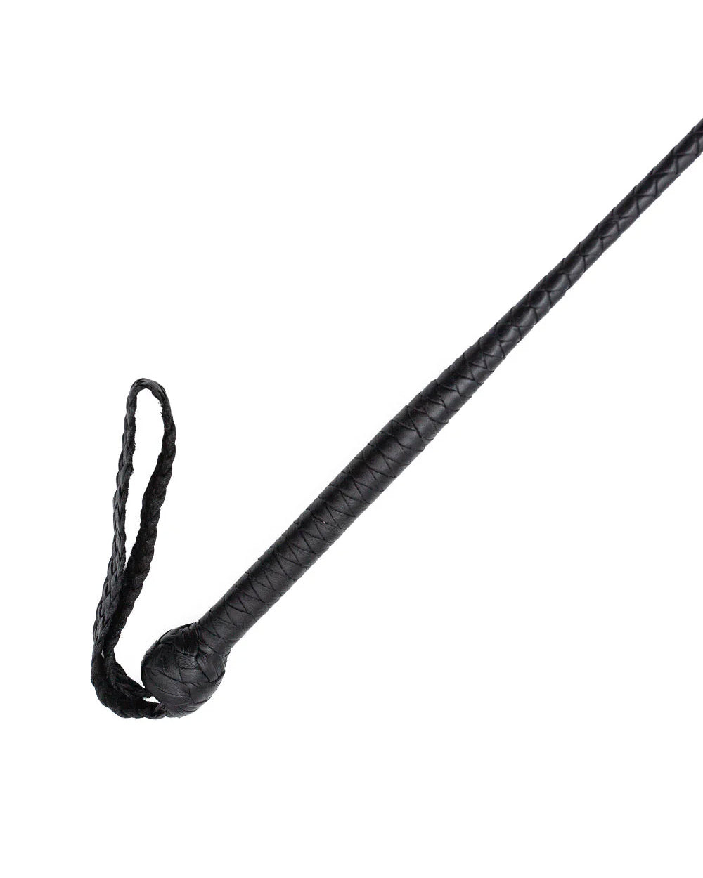 A close-up of the handle of the black stockroom essentials braided crop is shown on a white background