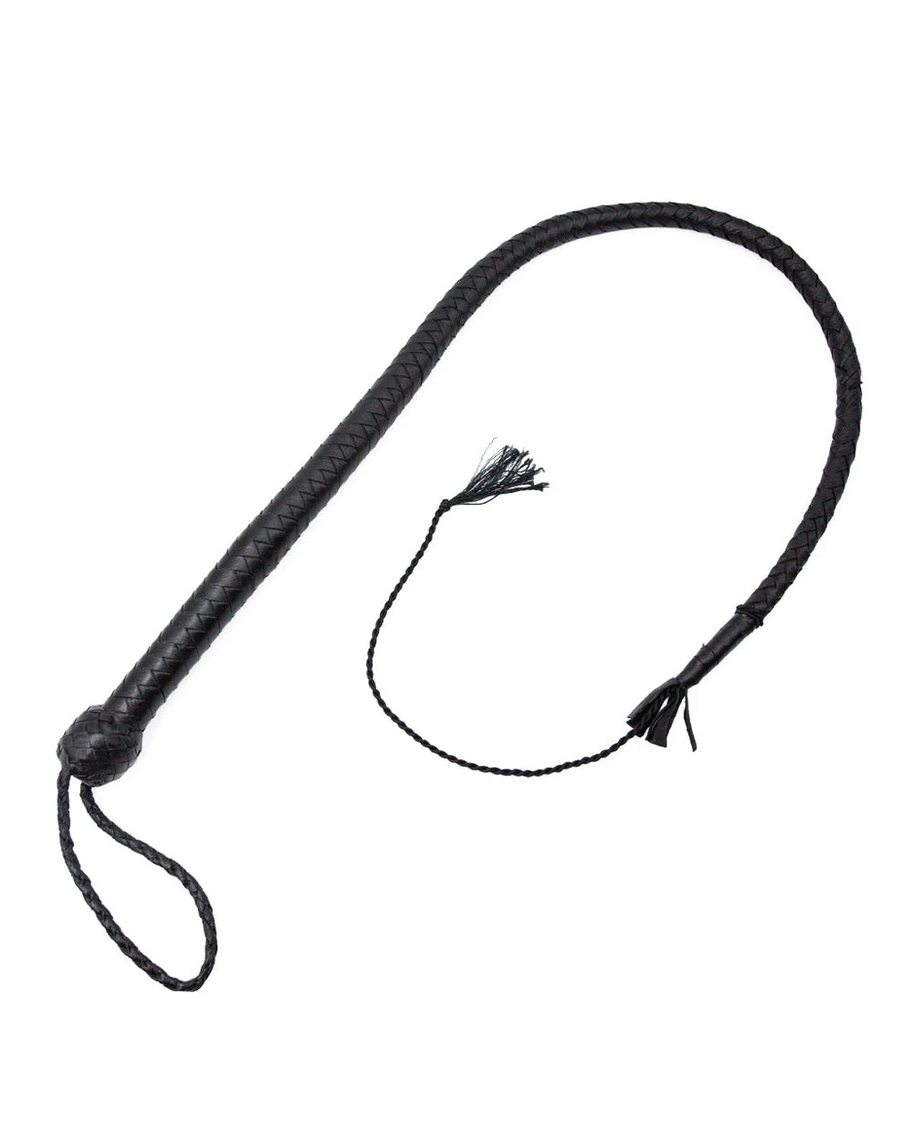 Black leather whip on a white background