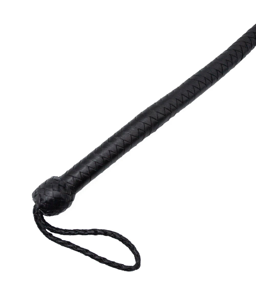a close-up of the handle of the Black leather whip on a white background