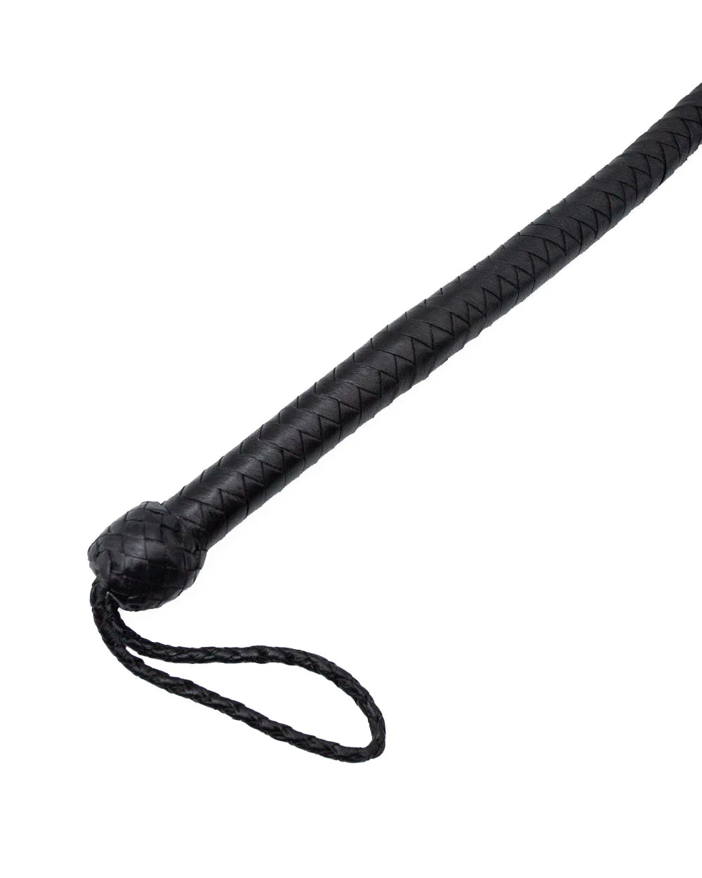 a close-up of the handle of the Black leather whip on a white background