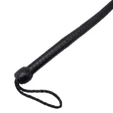 a close-up of the handle of the Black leather whip on a white background