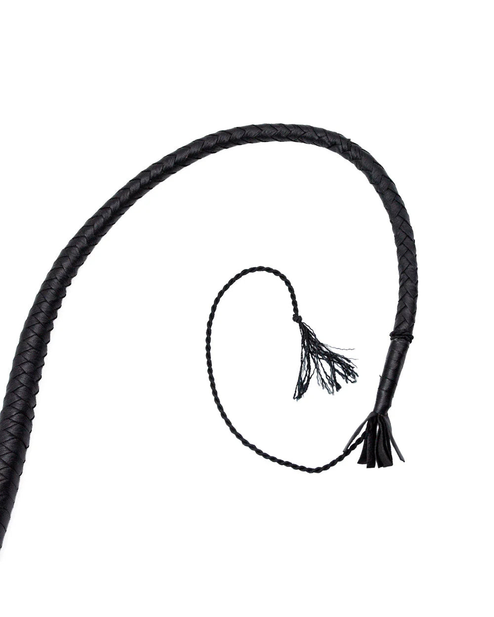 A close-up of the end of the Black leather whip on a white background