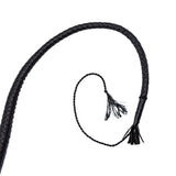 A close-up of the end of the Black leather whip on a white background
