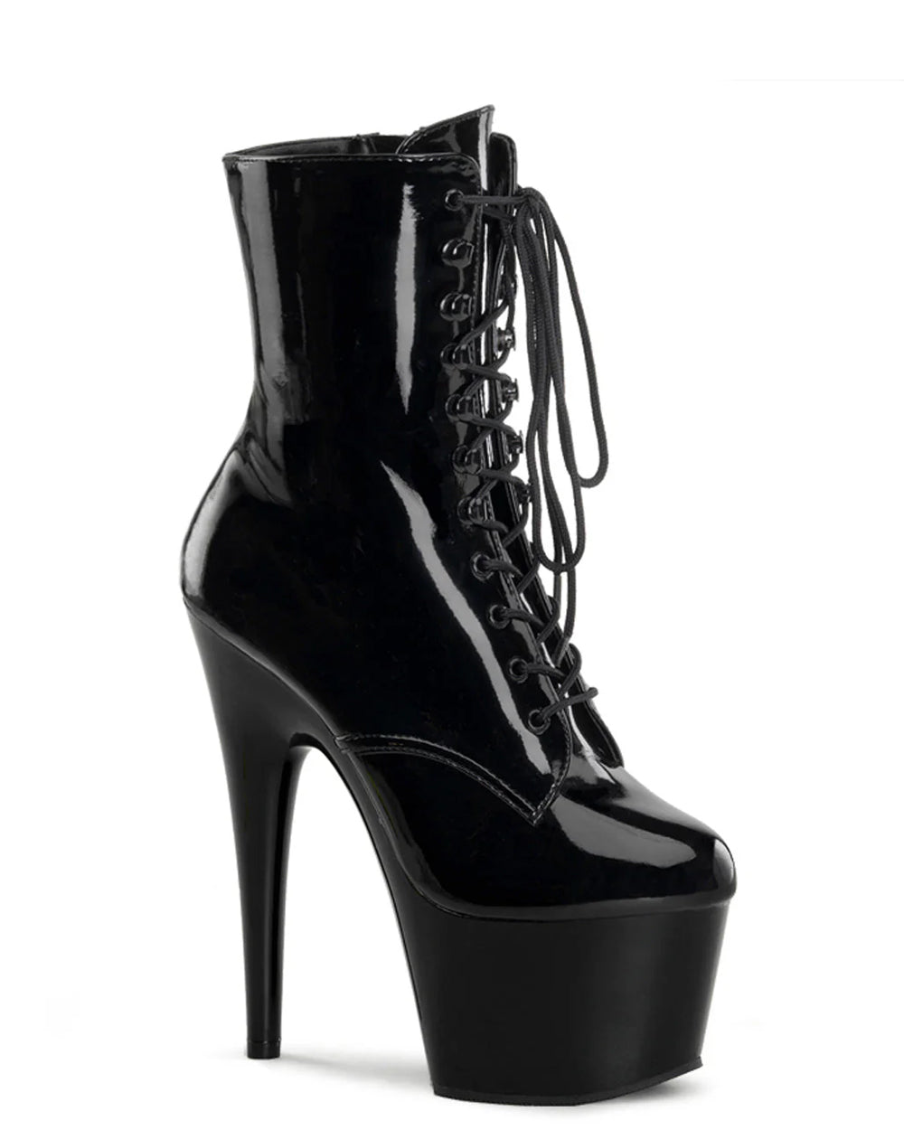 Black patent leather platform boot with high heel on a white background