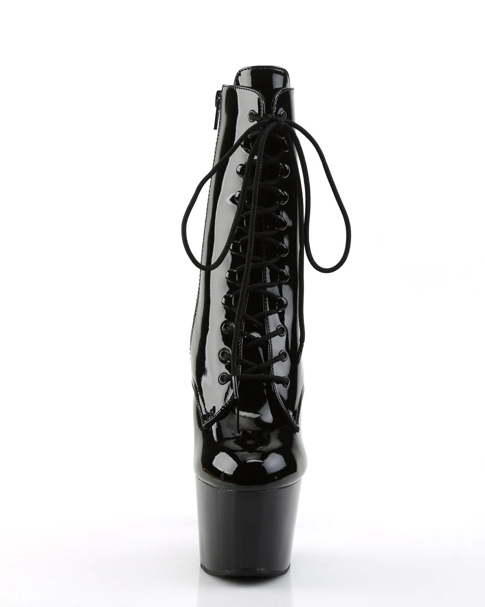 Black patent leather boot with high platform sole on a white background