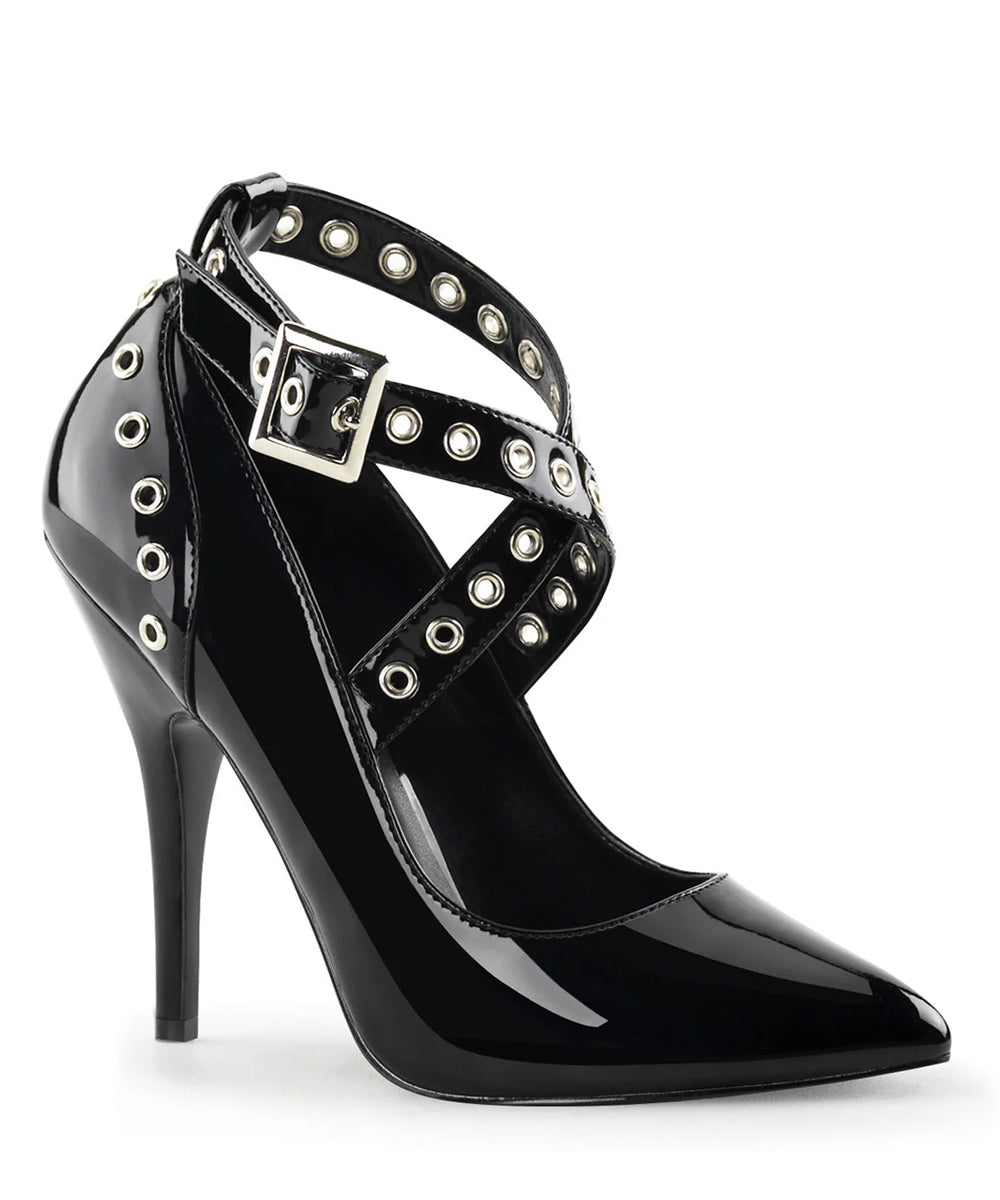 Black high-heeled shoe with studded details on a white background