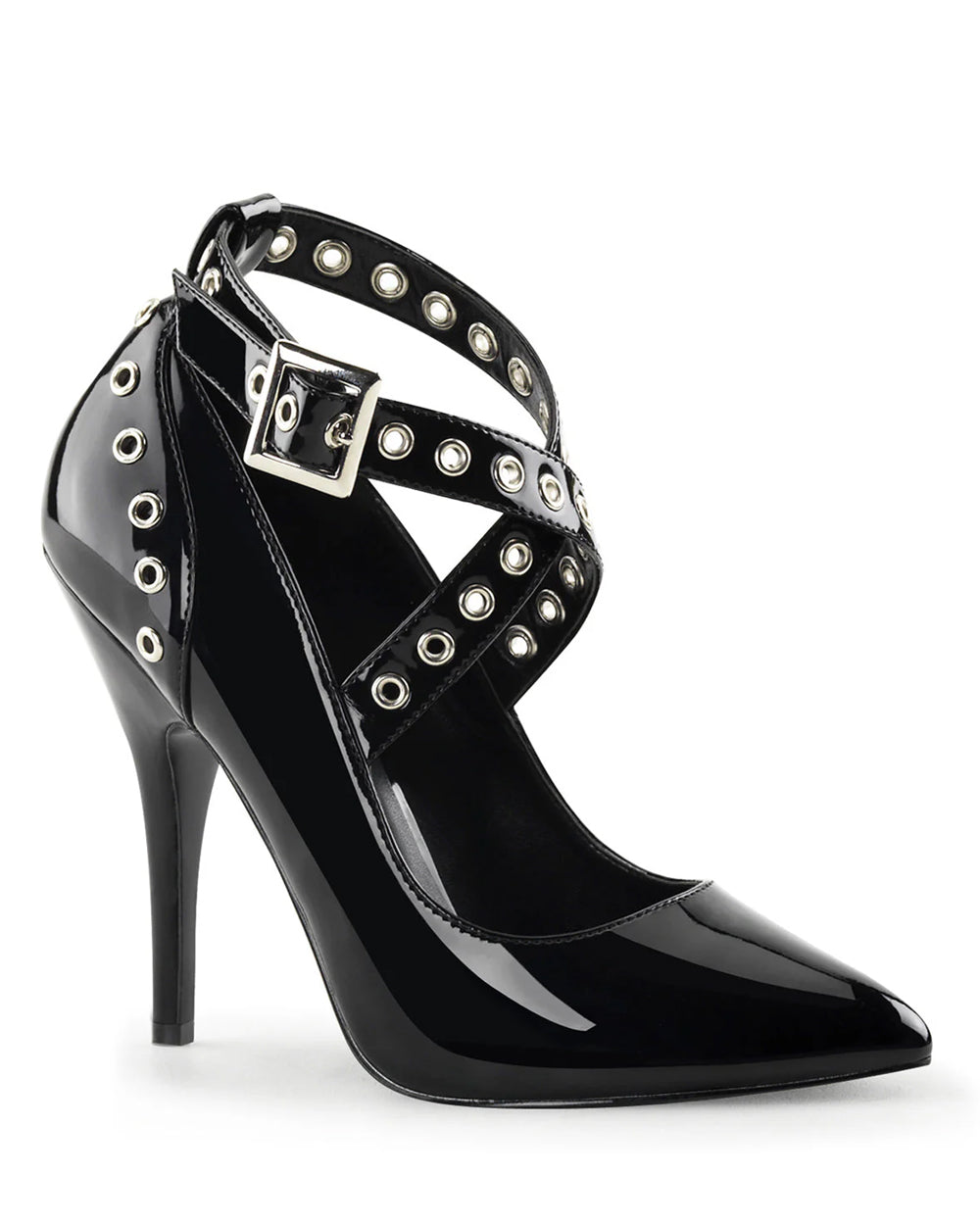 Black high-heeled shoe with studded details on a white background