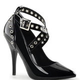 Black high-heeled shoe with studded details on a white background