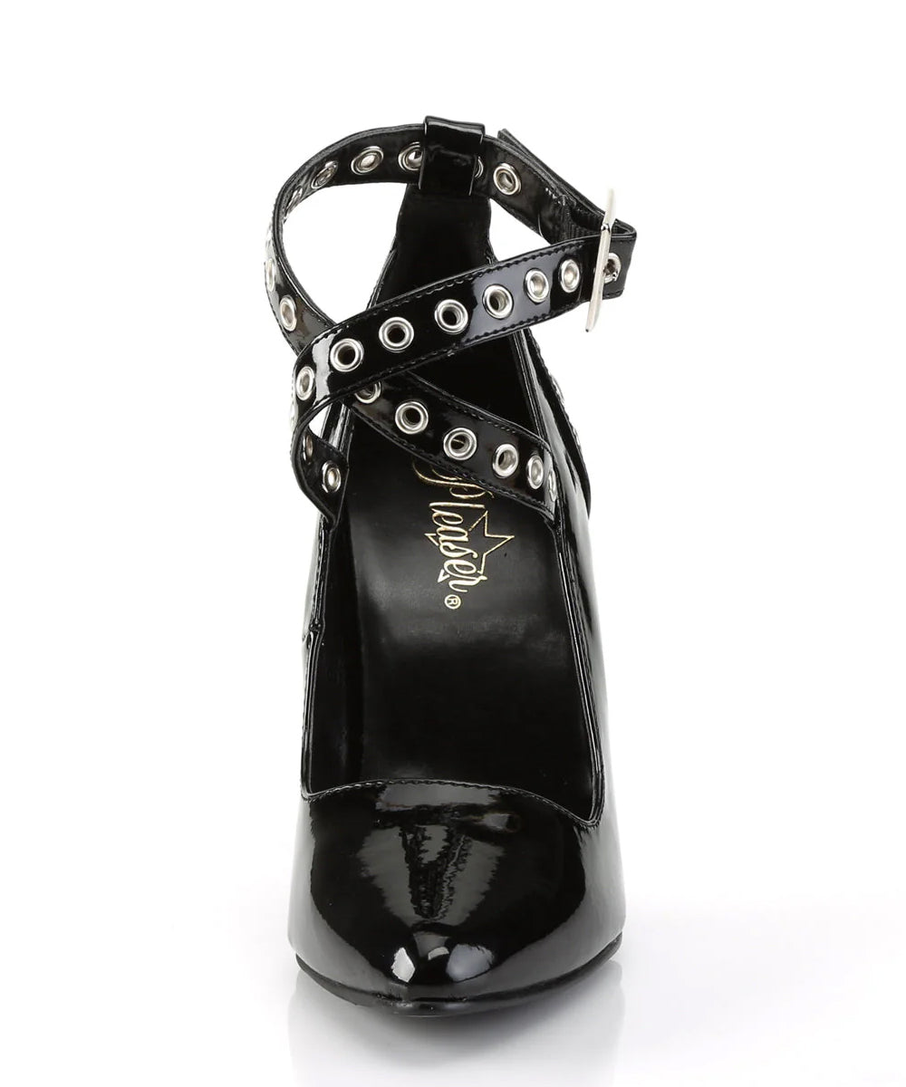 Black high-heeled shoe with criss-cross straps and studded details on a white background