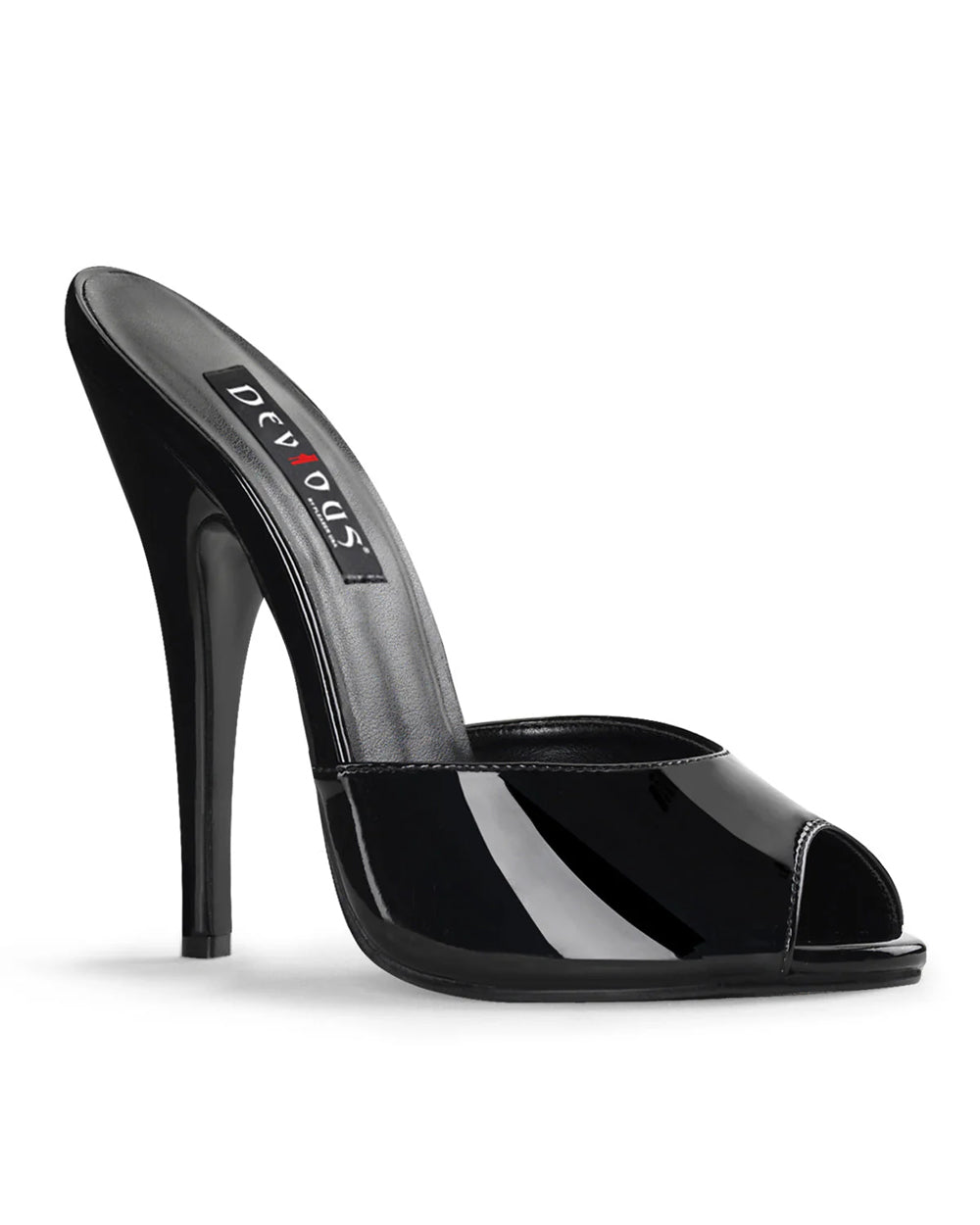 Black high-heeled shoe with 'Delight' branding on a white background