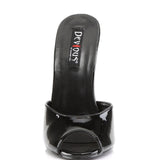 Black high-heeled shoe with 'Devious' branding on a white background