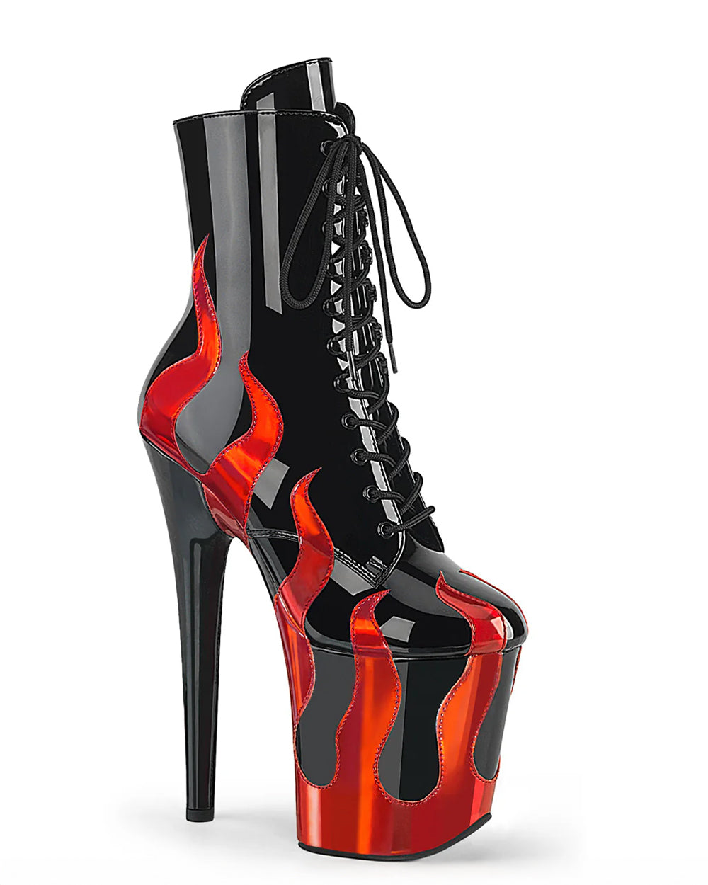Black and red flame-patterned high-heeled platform boot on a white background