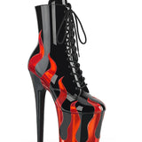 Black and red flame-patterned high-heeled platform boot on a white background