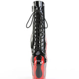 Black and red high-heeled boot with glossy finish on a white background