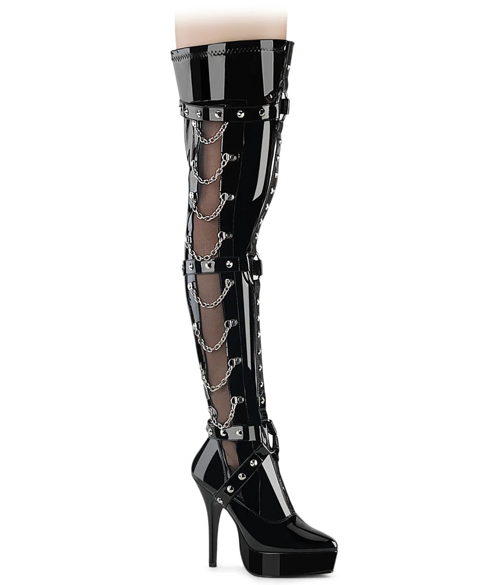 Black patent leather boot with chain details on a white background