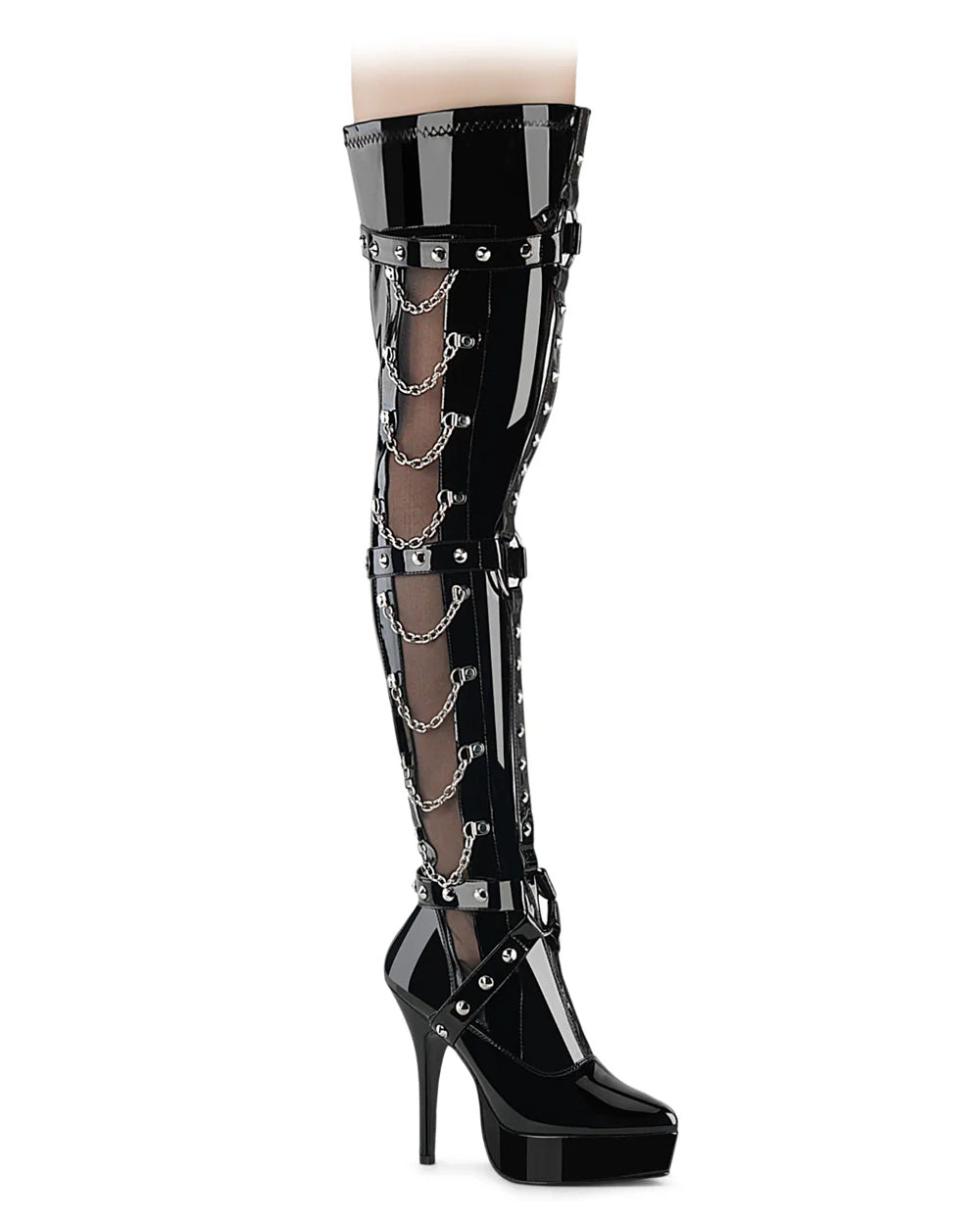 Black patent leather boot with chain details on a white background