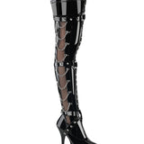 Black patent leather boot with chain details on a white background