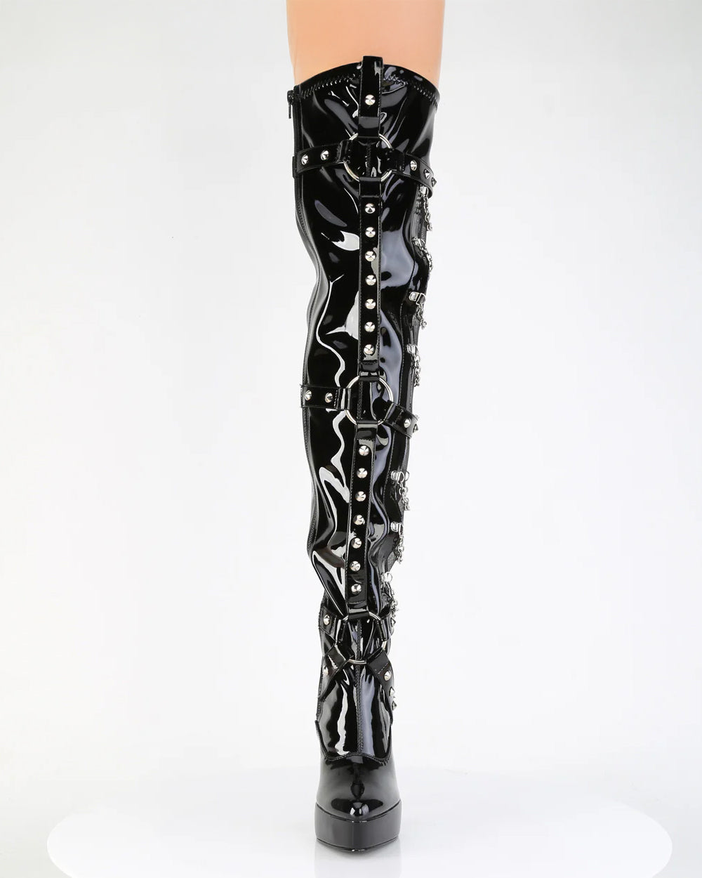 Black patent leather knee-high boot with decorative studs on a white background