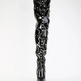 Black patent leather knee-high boot with decorative studs on a white background