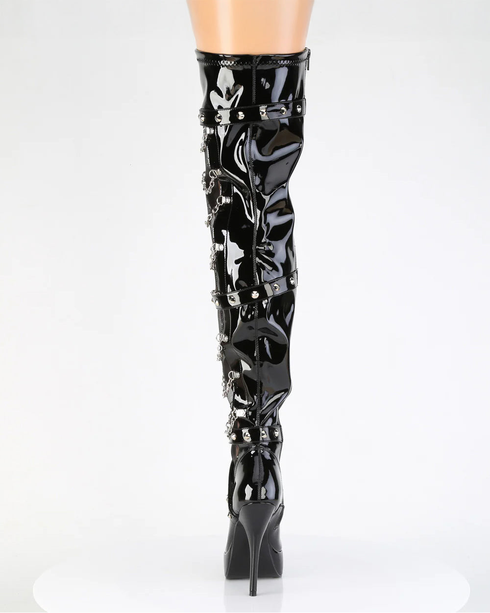 Black patent leather knee-high boot with decorative elements on a white background