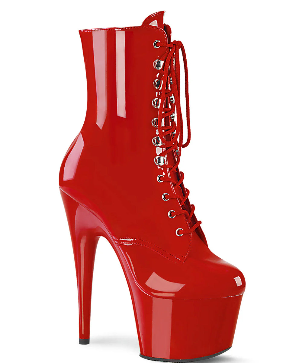 Red high-heeled platform boot with lace-up design on a white background