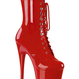 Red high-heeled platform boot with lace-up design on a white background
