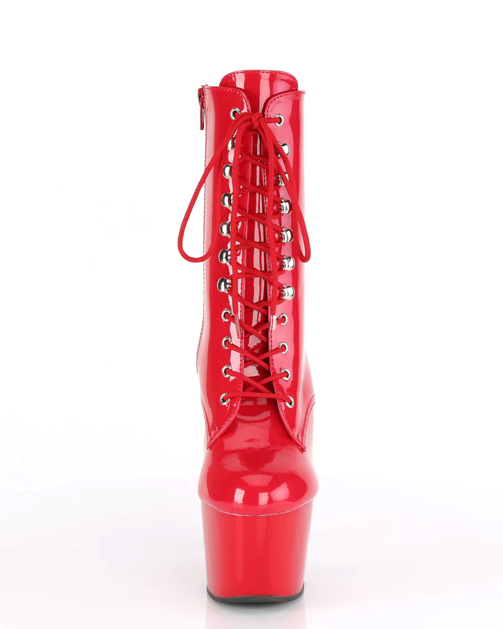 Red high-heeled boot with lace-up design on a white background