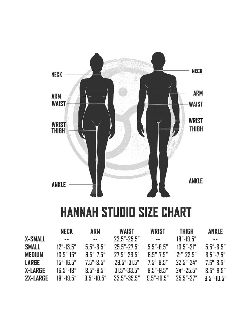 Hannah Studio size chart with black silhouettes of a man and woman and measurement labels.