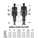 Hannah Studio size chart with black silhouettes of a man and woman and measurement labels.