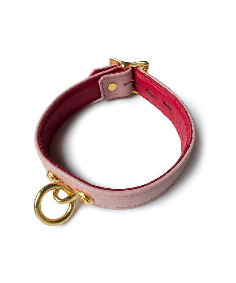 The Premium Garment Leather Collar With 18k Gold Plated Hardware is displayed against a blank background. The collar is made of light pink leather with a red lining. The collar has a dangling O-ring at the front and a buckle in the back.
