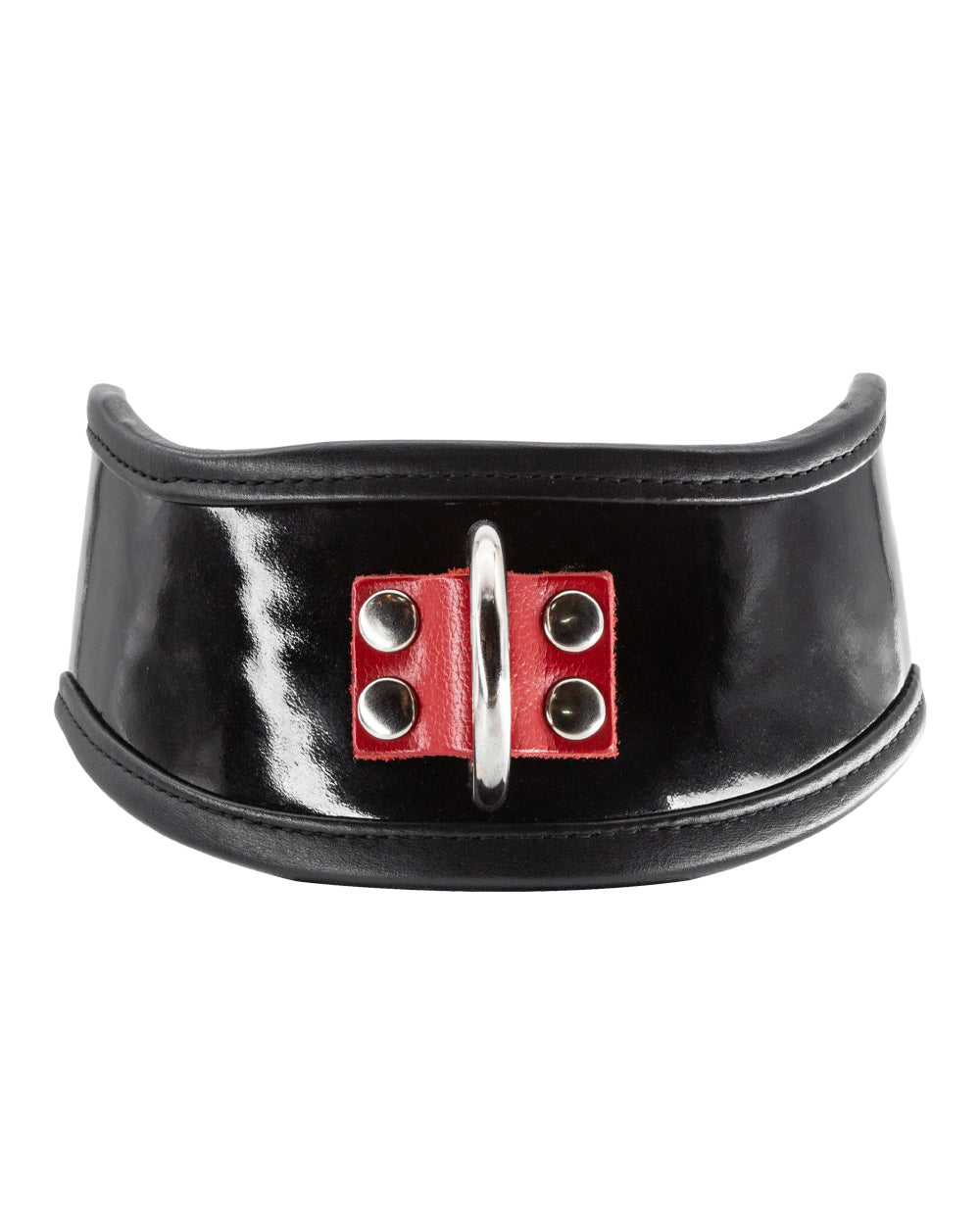 The Firecracker Patent Leather Posture Collar is shown against a blank background. The collar is patent leather with matte black leather lining. A piece of red leather secures a metal D-ring in the front.