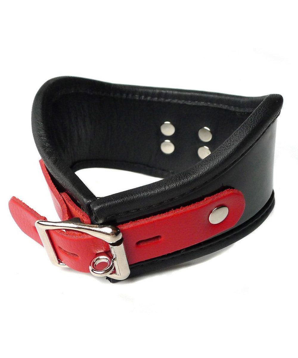 The back of the Firecracker Patent Leather Posture Collar is shown against a blank background. It has a lockable silver buckle and red leather closure tab.