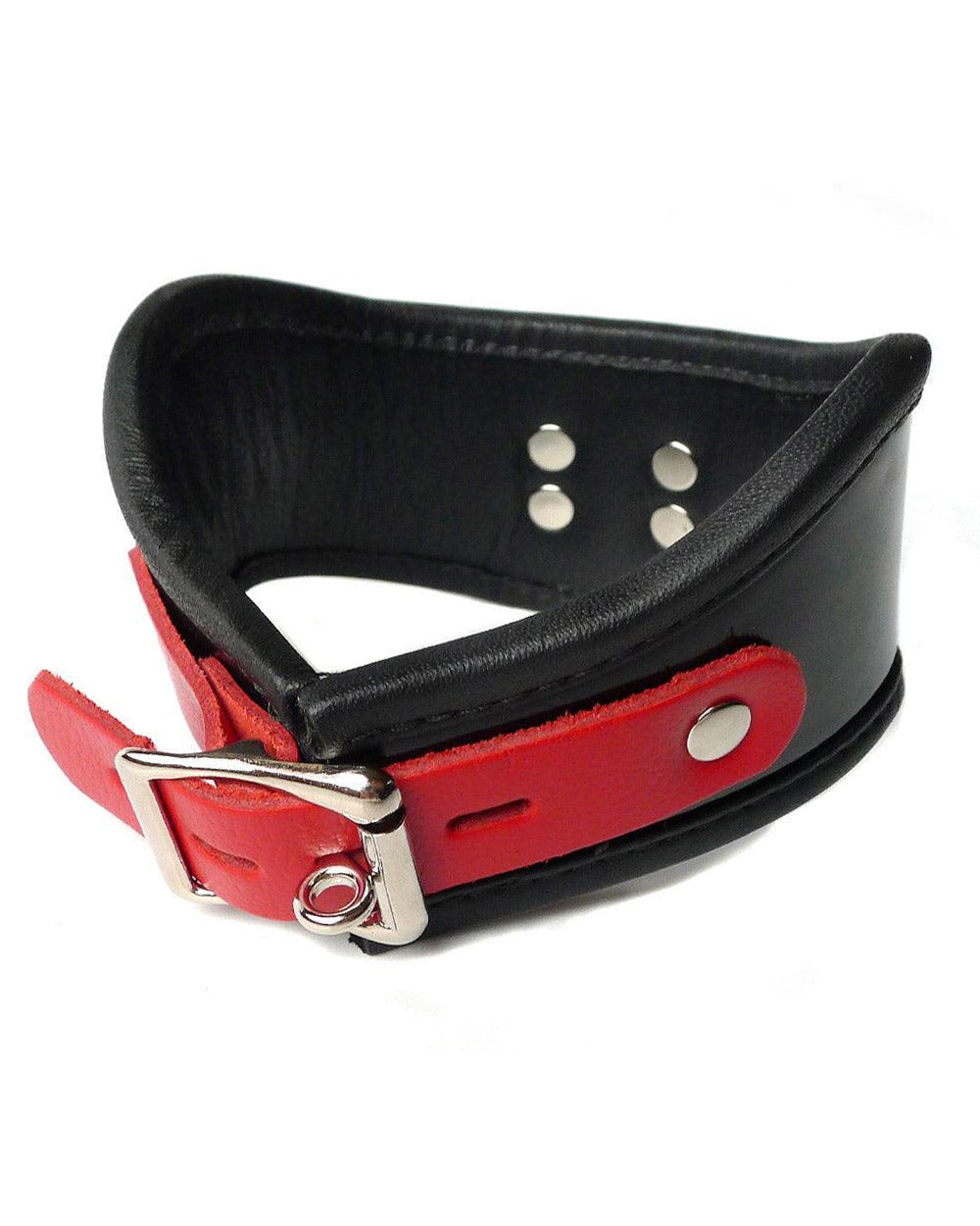 The back of the Firecracker Patent Leather Posture Collar is shown against a blank background. It has a lockable silver buckle and red leather closure tab.