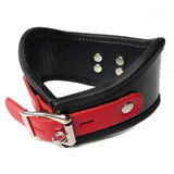 The back of the Firecracker Patent Leather Posture Collar is shown against a blank background. It has a lockable silver buckle and red leather closure tab.