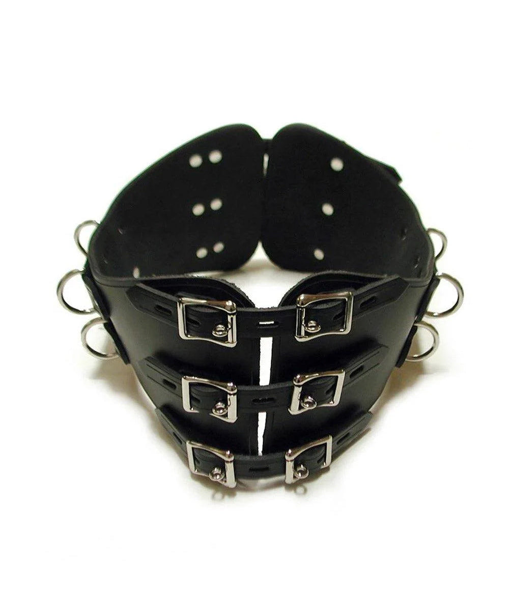 The Leather BDSM Waist Cincher is displayed against a blank background. It is made of black leather and silver metal hardware, with locking buckles and adjustable straps.