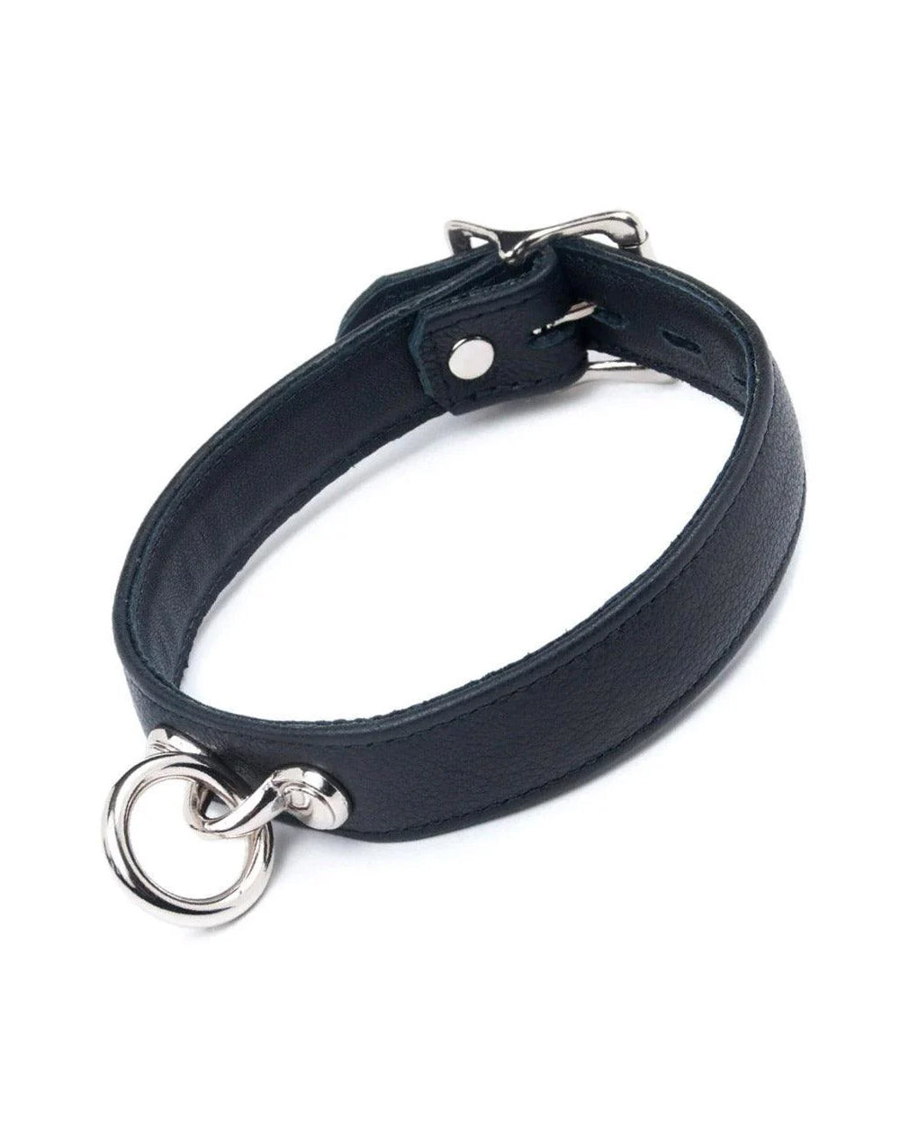 The Premium Garment Leather Collar in black is shown against a blank background. The collar is made of black leather and has silver hardware. It has a dangling O-ring in the front and a buckle fastener in the back.