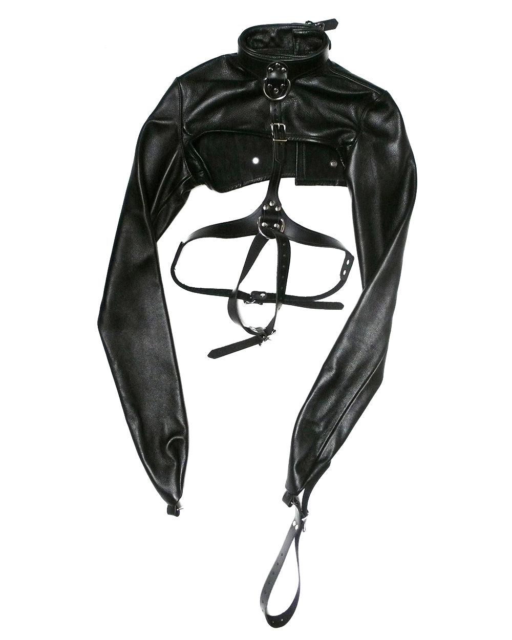 Black Leather Jacket and Harness combo on a white background