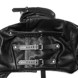 Close-up of a black leather jacket with silver buckles on a white background