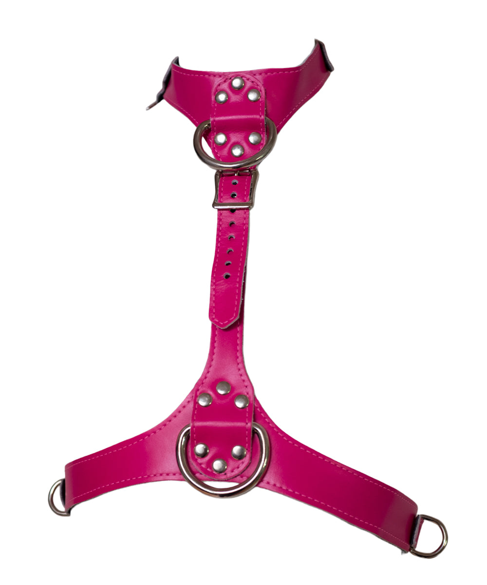 The neon angel pink leather bust harness is shown on a white background.
