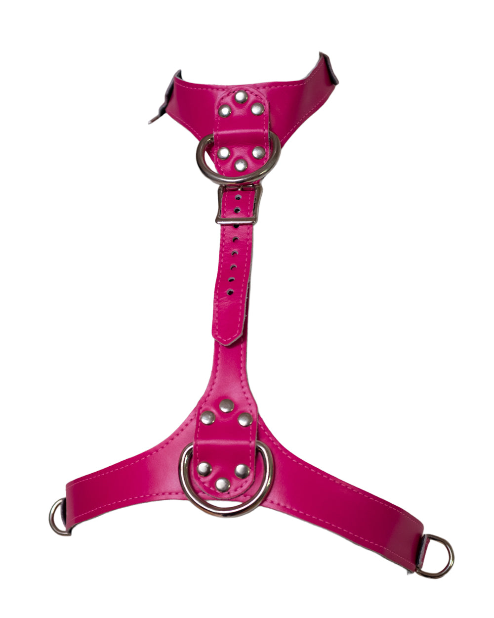 The neon angel pink leather bust harness is shown on a white background.