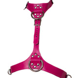 The neon angel pink leather bust harness is shown on a white background.