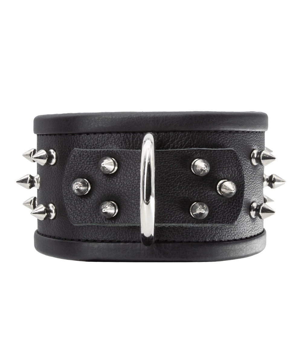 The Alpha Dog Leather Collar with Spikes is shown against a blank background. It is made of black leather with silver hardware.