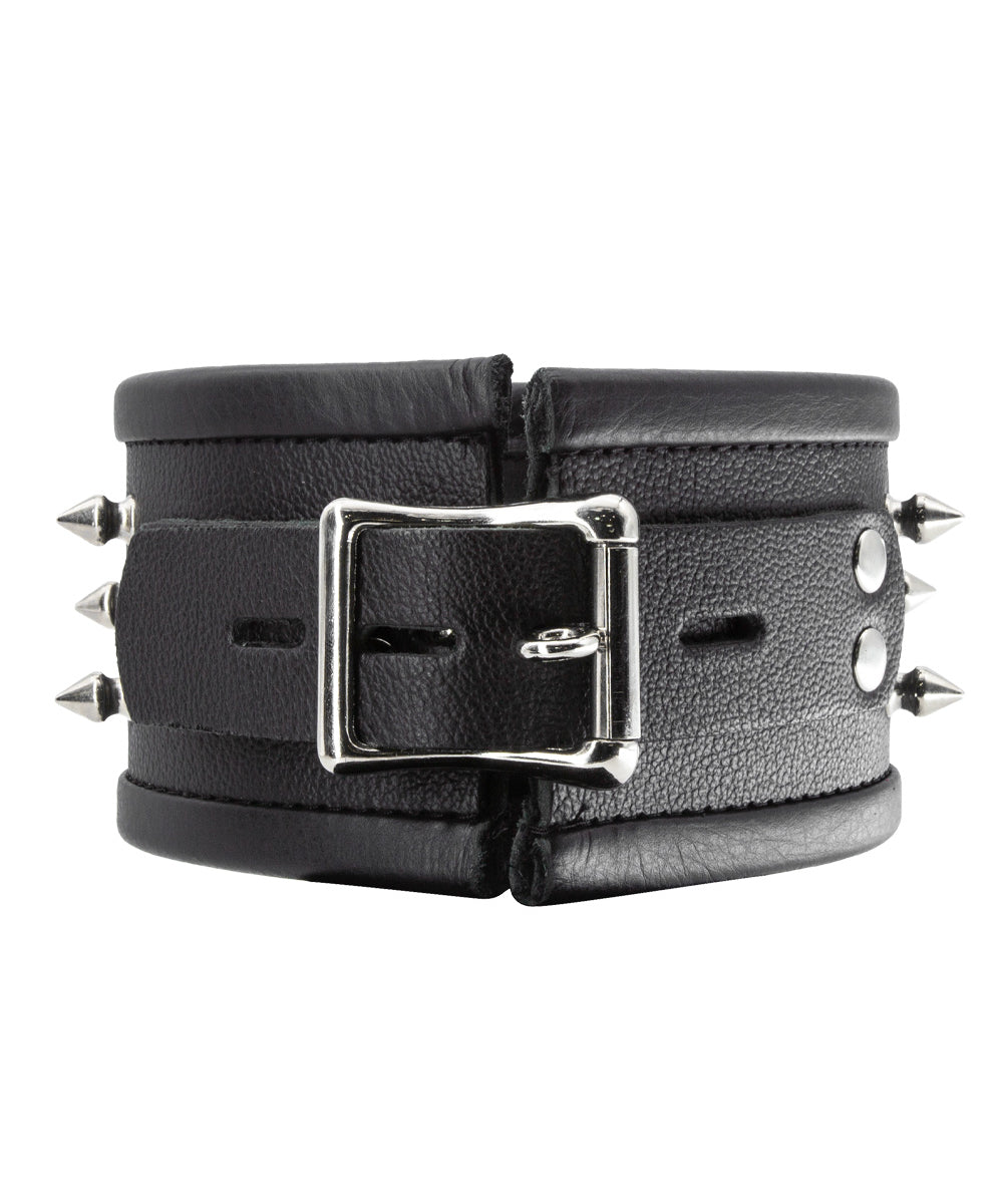 The back of the Alpha Dog Leather Collar with Spikes is shown against a blank background. The collar has an adjustable strap and lockable metal buckle.