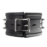 The back of the Alpha Dog Leather Collar with Spikes is shown against a blank background. The collar has an adjustable strap and lockable metal buckle.