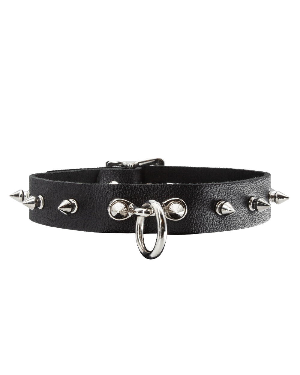 The Leather Collar with Spikes is shown against a blank background. It is made of black leather with metal hardware. There are spikes projecting outwards around the collar and a dangling O-ring in the front.