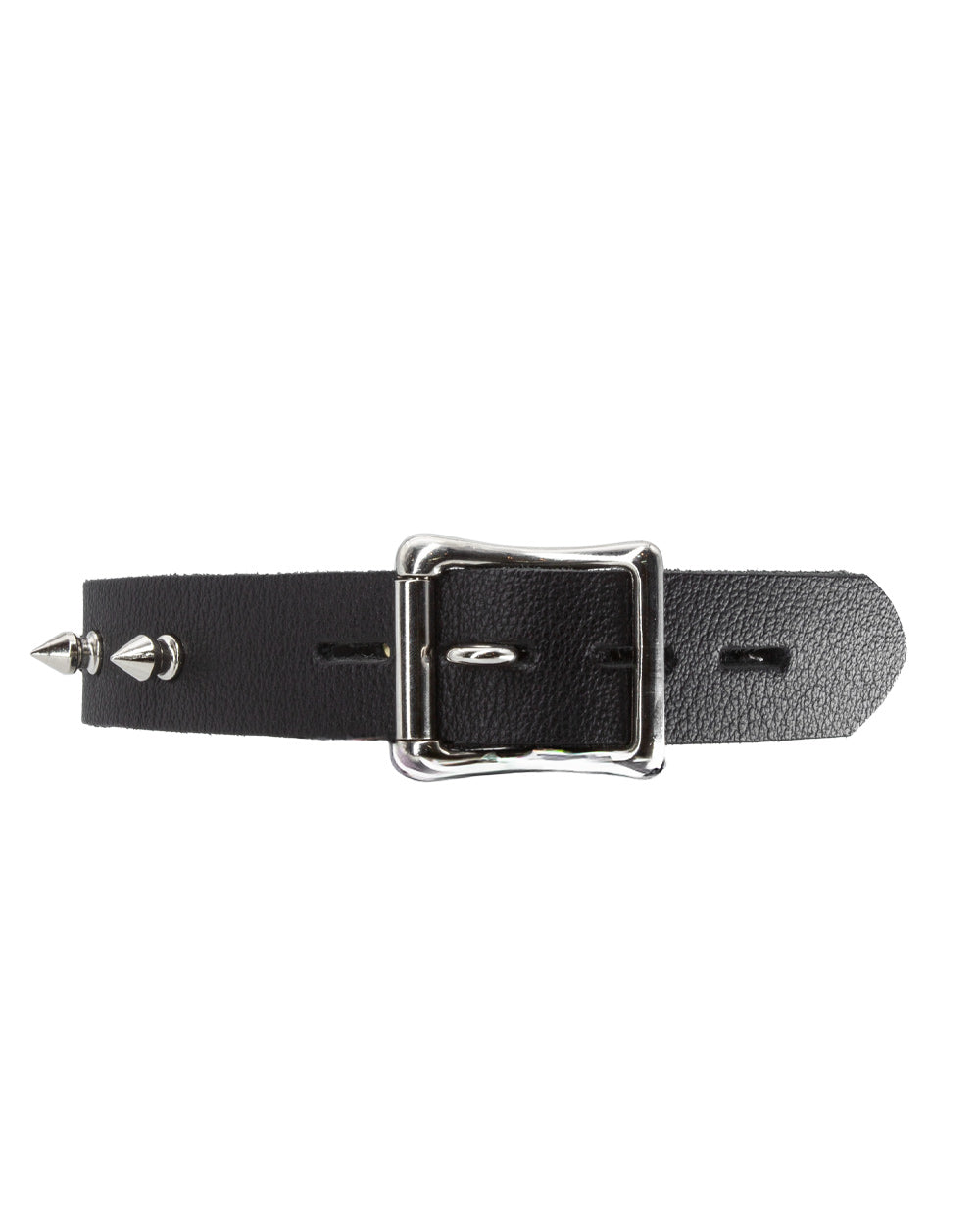 The Leather Collar with Spikes is shown from the back against a blank background. The collar has an adjustable strap and a lockable buckle.