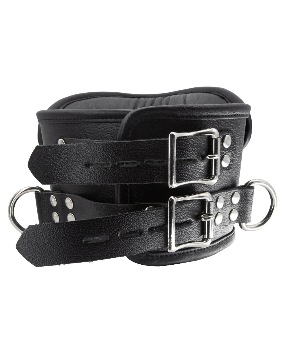 The Deluxe Padded Leather Posture Collar is shown from the back against a blank background. It has two adjustable straps and lockable buckle closures.