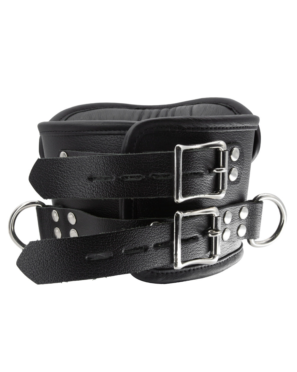 The Deluxe Padded Leather Posture Collar is shown from the back against a blank background. It has two adjustable straps and lockable buckle closures.