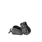 Black leather collar with metal buckle on a white background